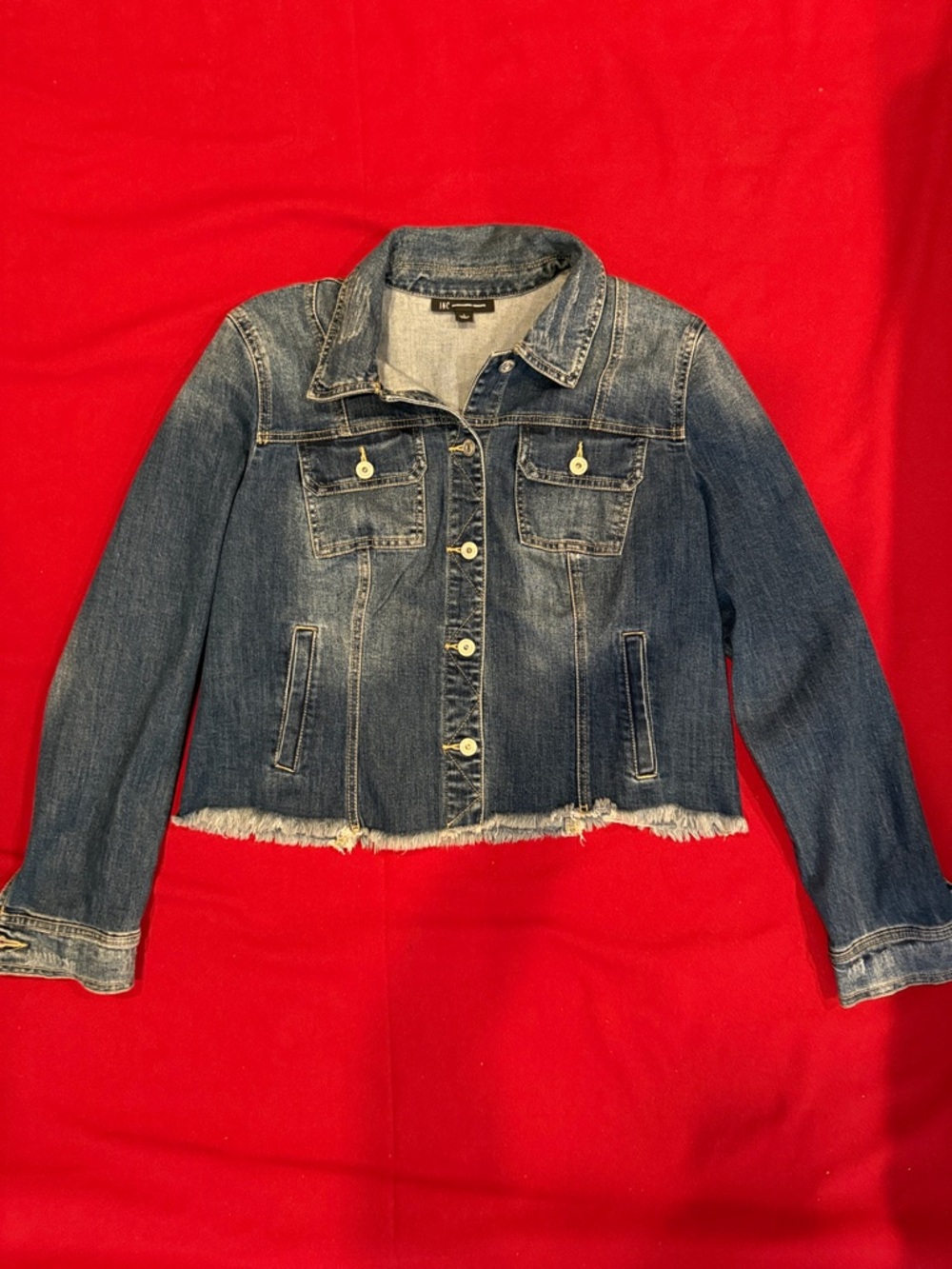 INC International Concepts Distressed Blue Denim Jacket with raw edge